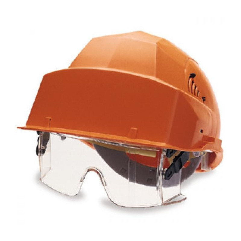 Casque de protection à lunette integrée sous la visière