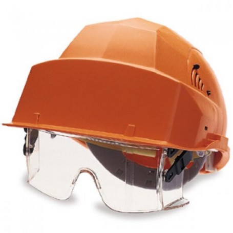 Casque de protection à lunette integrée sous la visière