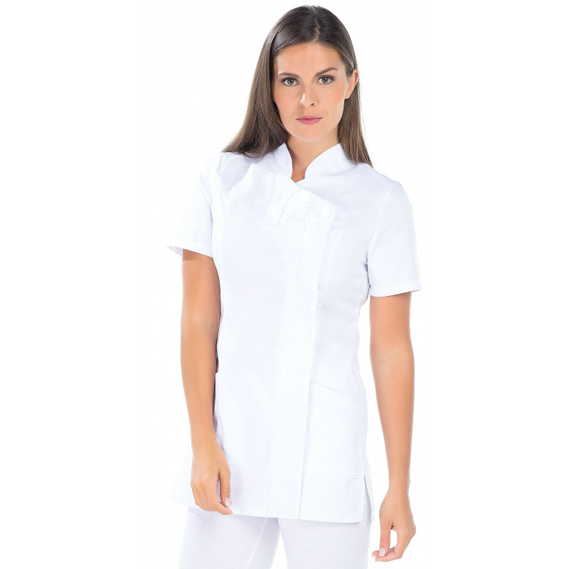Tunique femme, manches courtes, fermeture côté, col officier