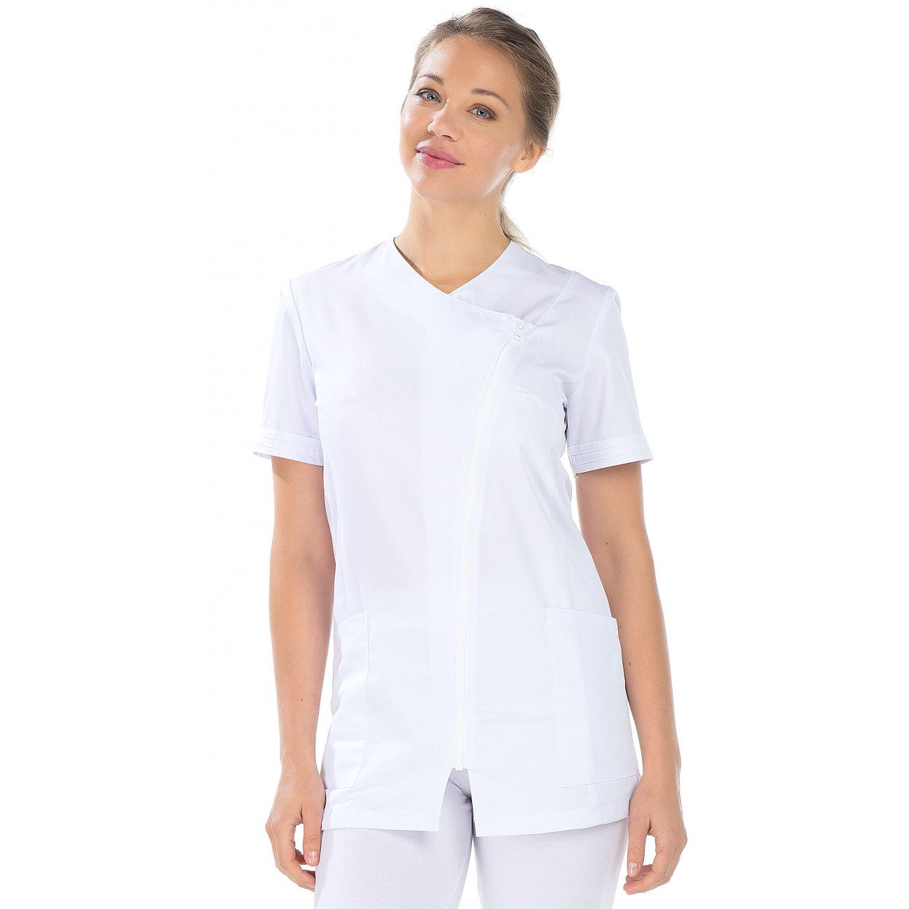 Tunique médicale femme manches courtes, fermeture zippé côté Tunique médicale femme manches courtes, fermeture zippé côté