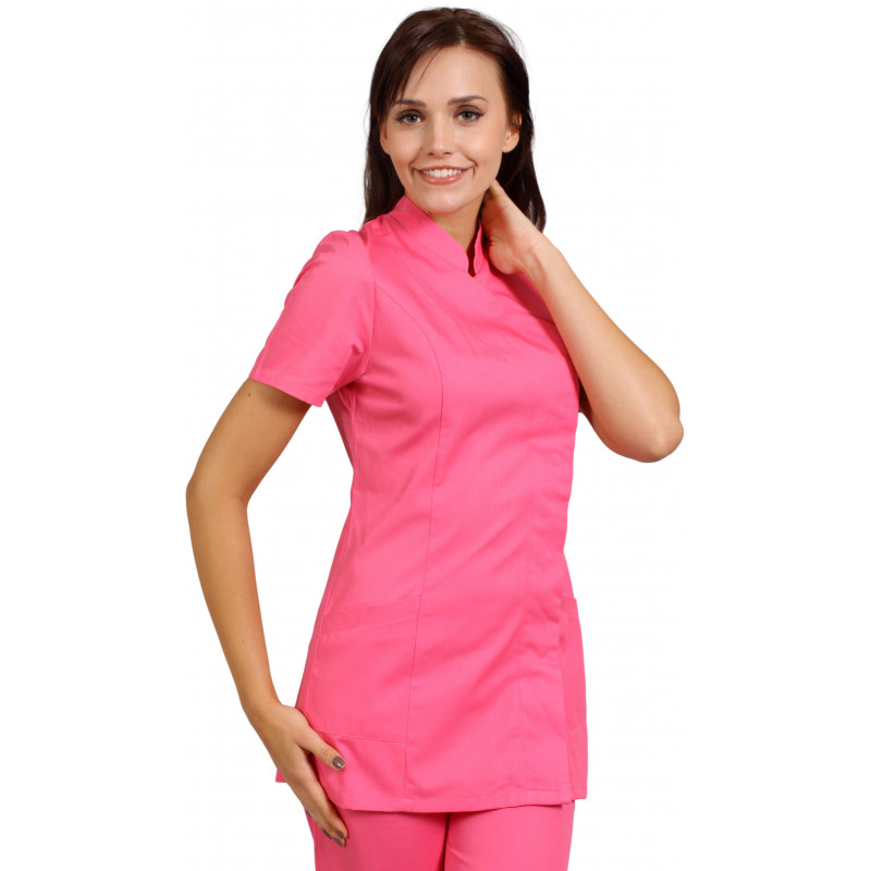 Tunique femme, manches courtes, fermeture côté, col officier