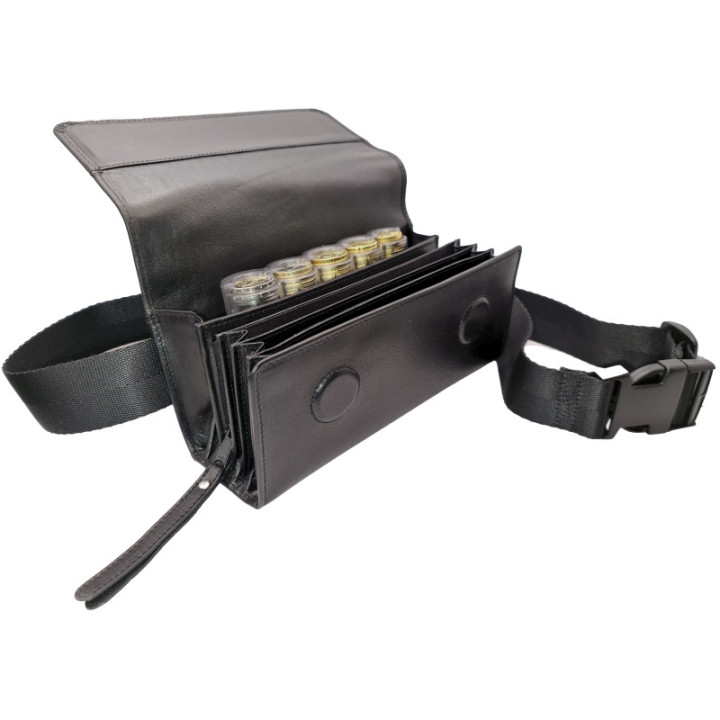 Sacoche cuir box de serveur et serveuse avec monnayeur de 5 pièces d'euro transparent.