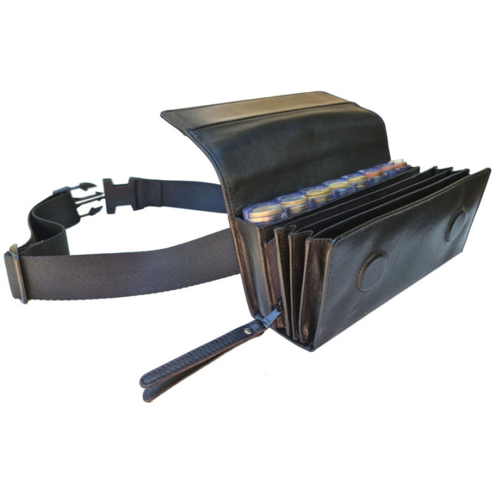 Sacoche Cuir Coffret + Monnayeur 8 Pièces Transparent vue ouverte