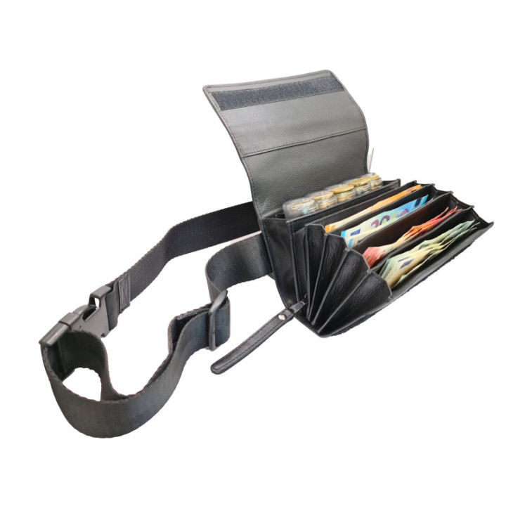 Sacoche en CUIR Ouverture Accordéon avec Monnayeur 5 PIÈCES TRANSPARENT, Fermeture SCRATCH, vue ouverte.