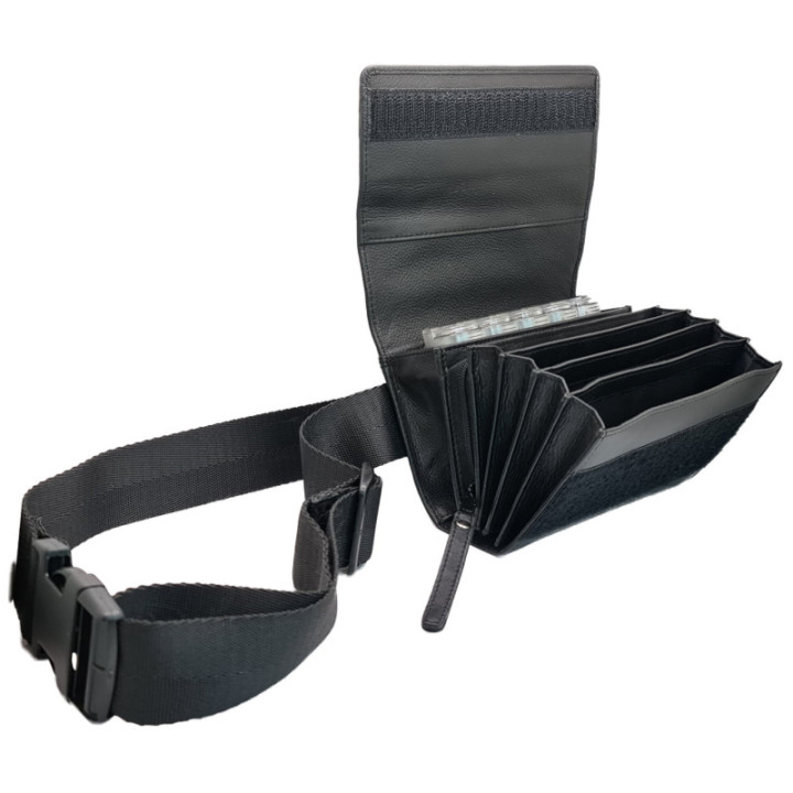 Sacoche en CUIR Ouverture Accordéon avec Monnayeur 5 PIÈCES TRANSPARENT, Fermeture SCRATCH, vue de biais ouverte.