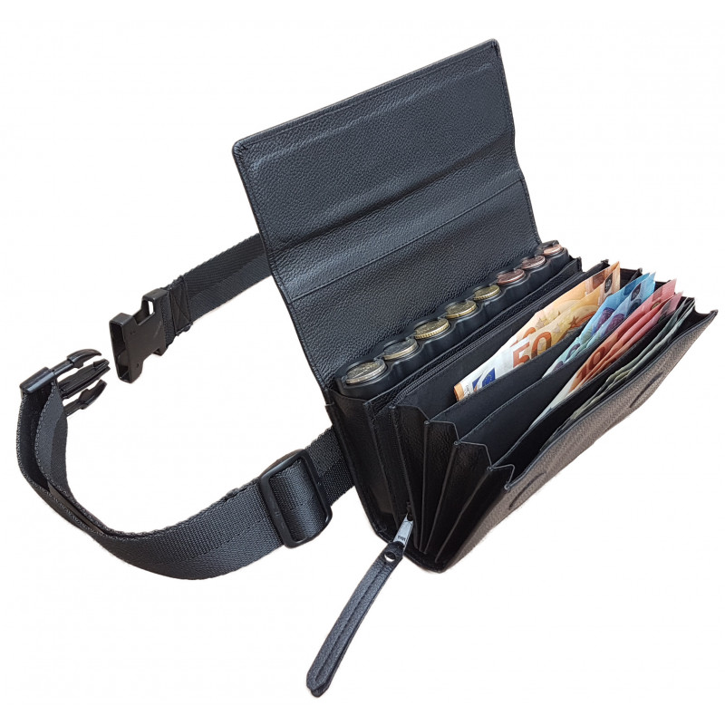 Sacoche de Serveur en CUIR, Ouverture Accordéon + Monnayeur 8 PIÈCES Noir, Fermeture SCRATCH