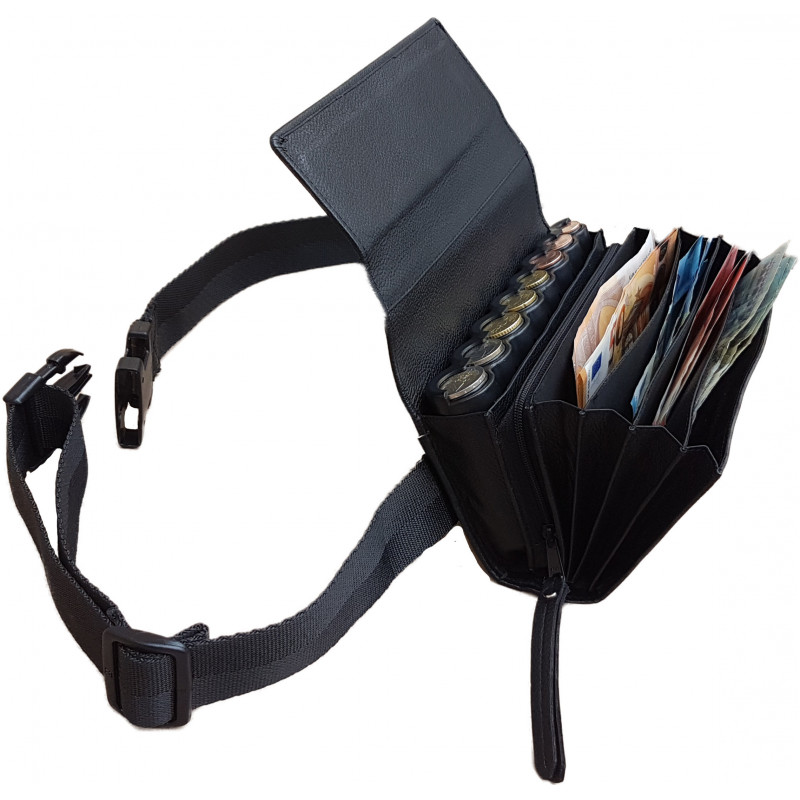 Sacoche de Serveur en CUIR, Ouverture Accordéon + Monnayeur 8 PIÈCES Noir, Fermeture SCRATCH