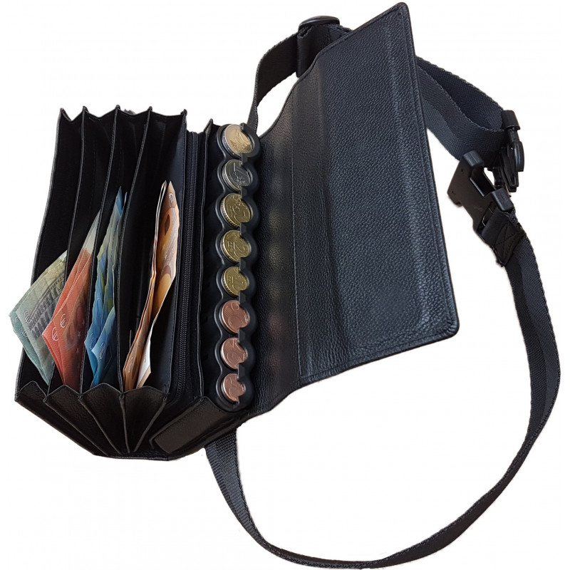 Sacoche de Serveur en CUIR, Ouverture Accordéon + Monnayeur 8 PIÈCES Noir, Fermeture SCRATCH