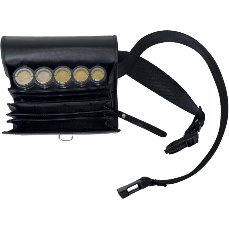 Sacoche de Serveur en Cuir, avec Monnayeur 5 Pièces Transparent, Fermeture Cartable