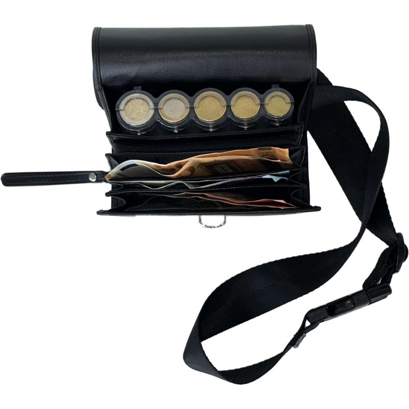 Sacoche de Serveur en Cuir, avec Monnayeur 5 Pièces Transparent, Fermeture Cartable