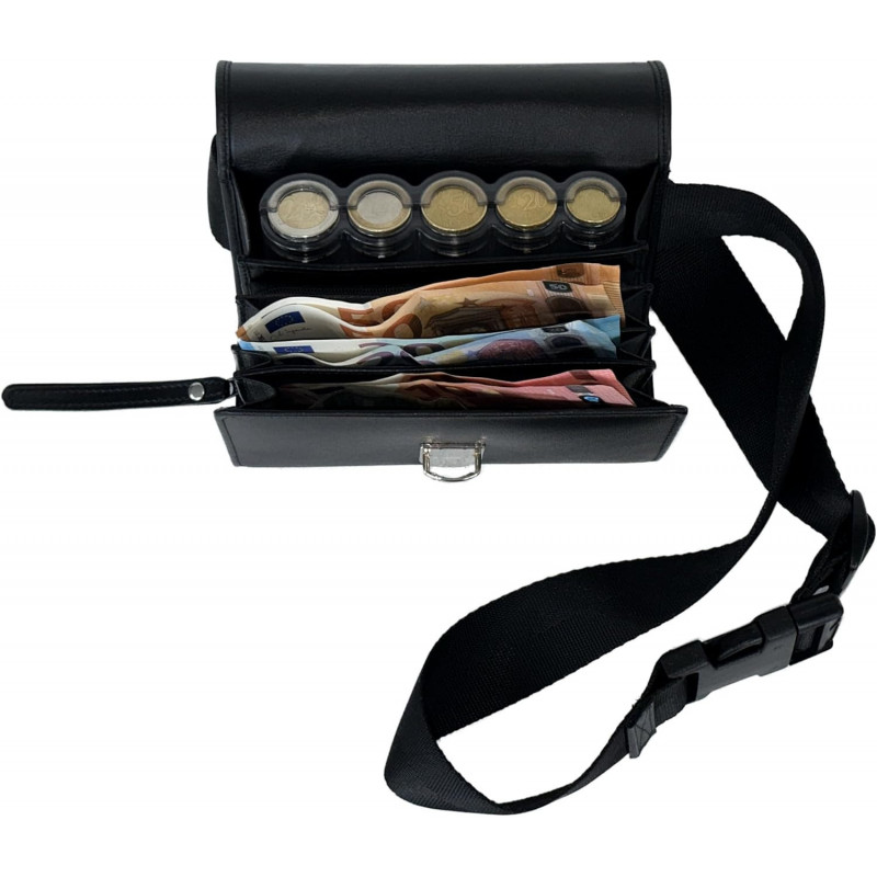 Sacoche de Serveur en Cuir, avec Monnayeur 5 Pièces Transparent, Fermeture Cartable