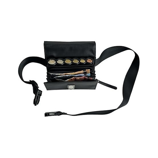 Sacoche Banane Serveur en Véritable Cuir de Bovin, avec Monnayeur Distributeur 6 Pièces d'Euros, Fermeture Cartable