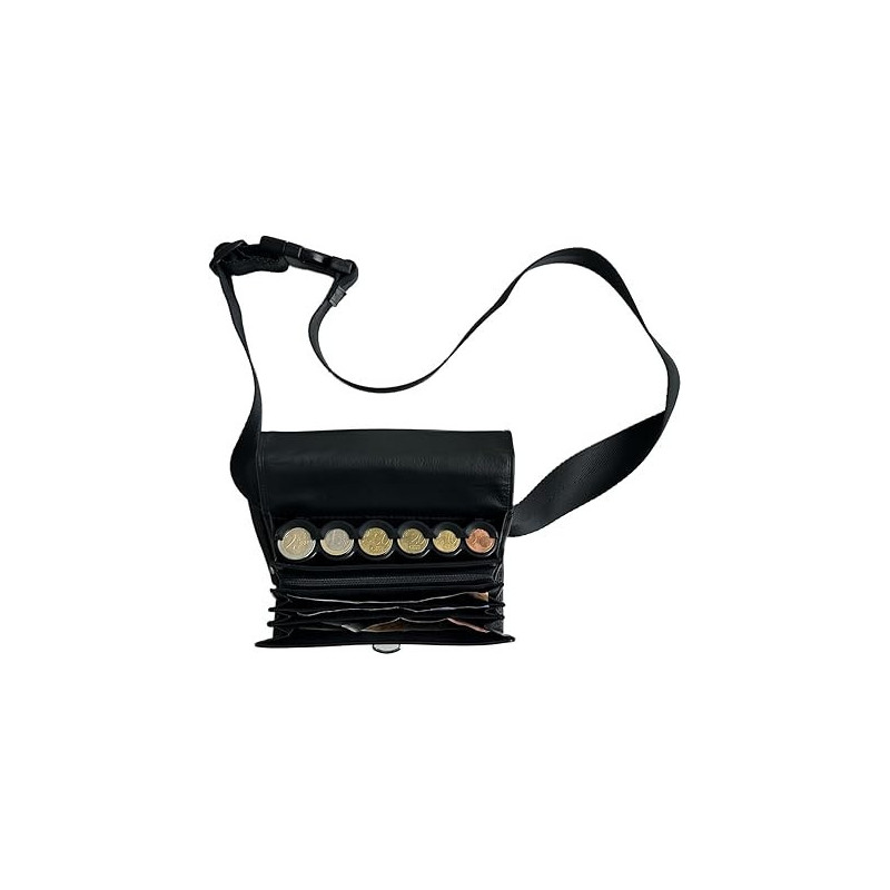 Sacoche Banane Serveur en Véritable Cuir de Bovin, avec Monnayeur Distributeur 6 Pièces d'Euros, Fermeture Cartable