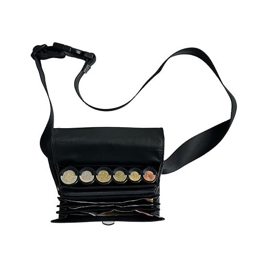 Sacoche Banane Serveur en Véritable Cuir de Bovin, avec Monnayeur Distributeur 6 Pièces d'Euros, Fermeture Cartable