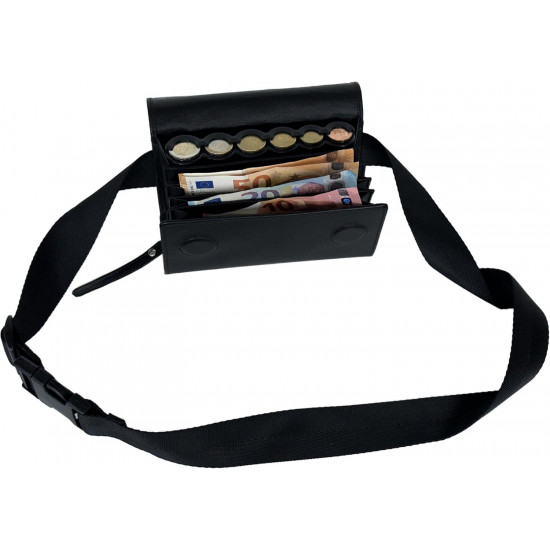 Sacoche Banane Serveur en Véritable Cuir de Bovin, avec Monnayeur Distributeur 6 Pièces d'Euros, Fermeture par Aimants