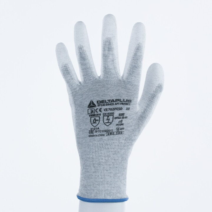 Gant antistatique tricot polyester/carbone paume enduite PU ESD