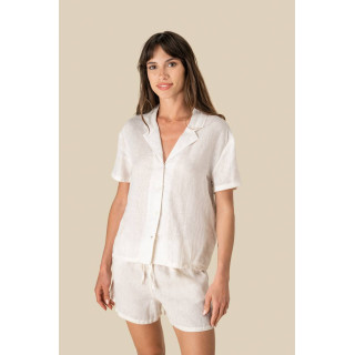 Chemise à col bowling manches courtes en lin femme 