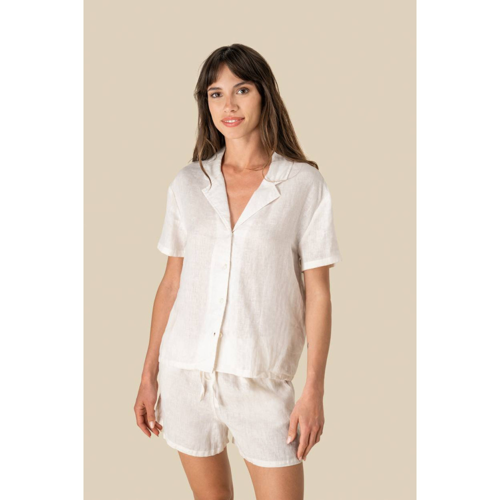 Chemise à col bowling manches courtes en lin femme 