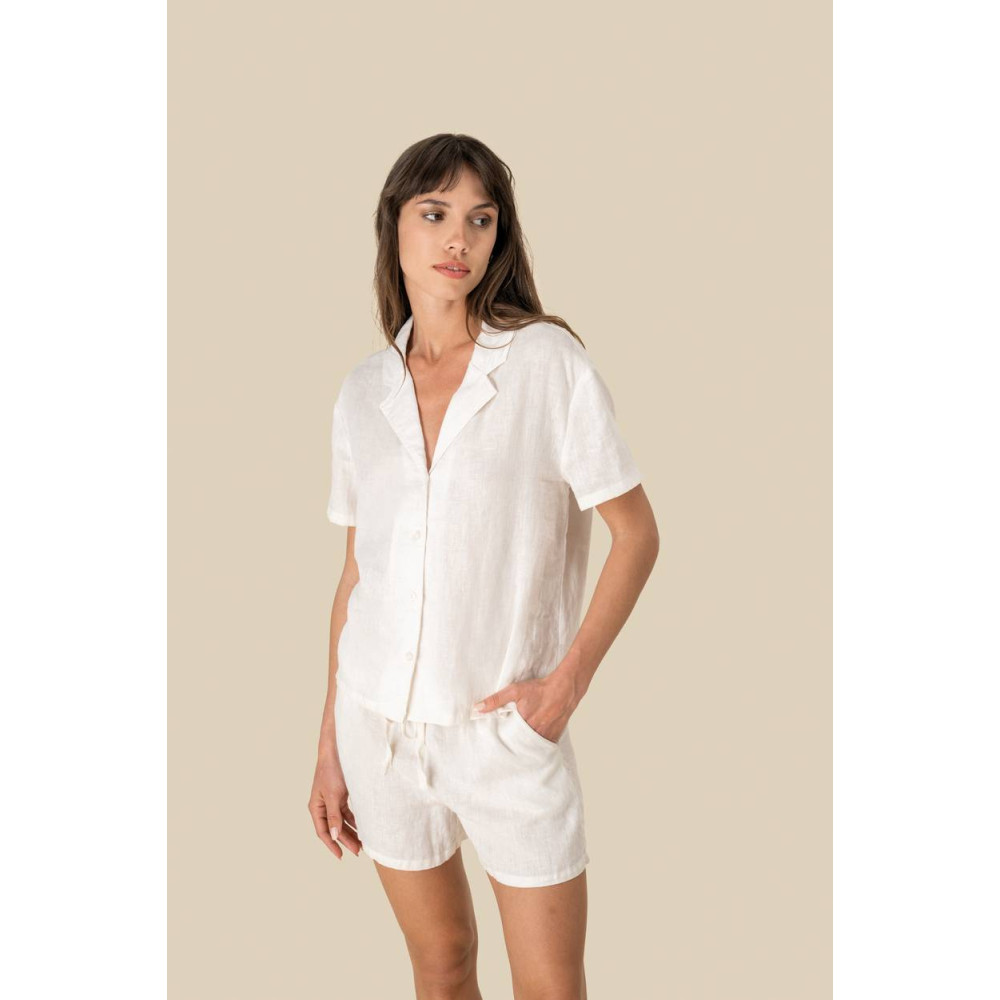 Chemise à col bowling manches courtes en lin femme 