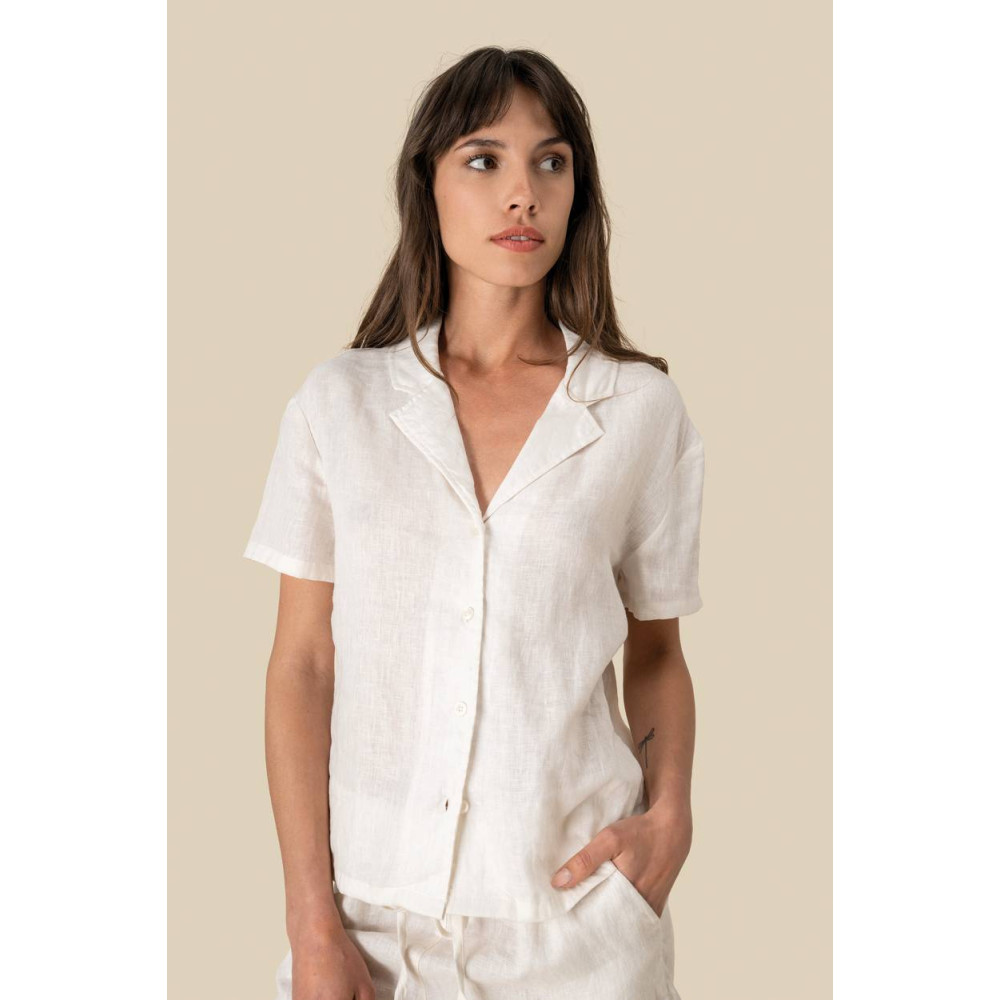 Chemise à col bowling manches courtes en lin femme 
