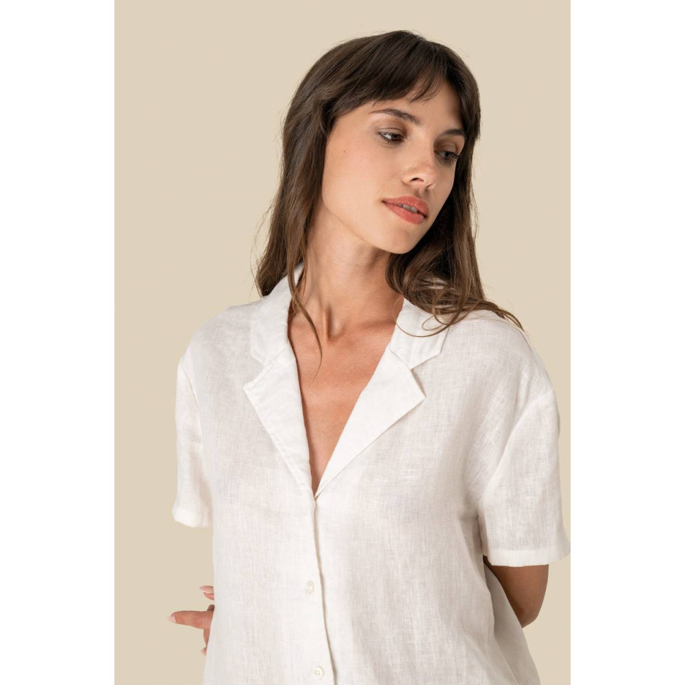 Chemise à col bowling manches courtes en lin femme 